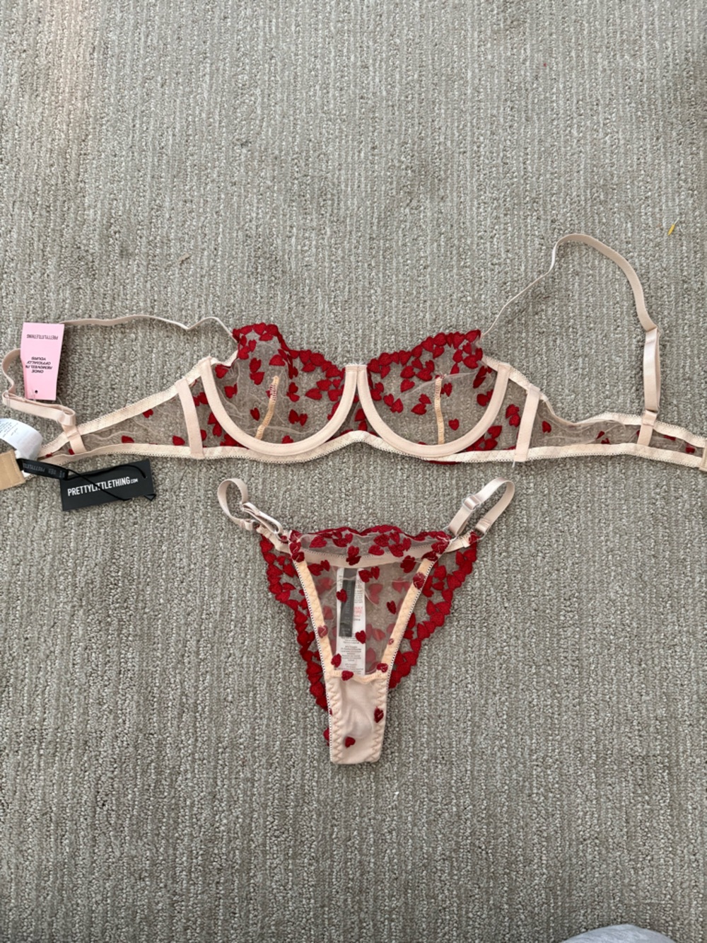 PrettyLittleThing Red Heart Embroidered Sheer Lingerie Set - Nude Trim